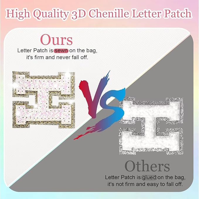 Small Personalized Glitter Initial Letter Makeup Bag, Cute PU Leather Chenille Letters Cosmetic Bag Travel Makeup Pouch, Preppy Travel Organizer Zipper Pouch for Women&Girls（White-H）