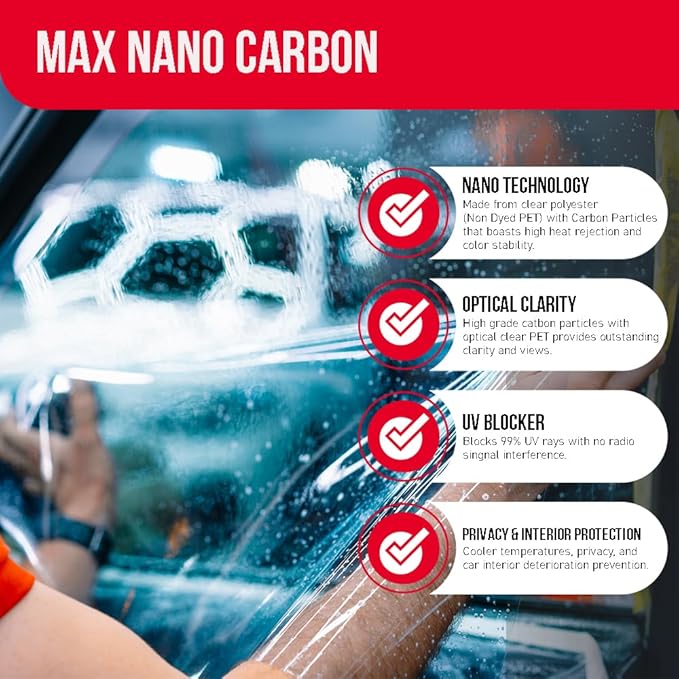 United Window Tint Car Film 60" in x 100'Ft MAX Nano Carbon Film 2Ply 20% VLT - Clear Polyester Privacy Window Tint Blocks UV/IR Rays, Heat & Glare- Laminate Adhesive with Lifetime Color Stability…