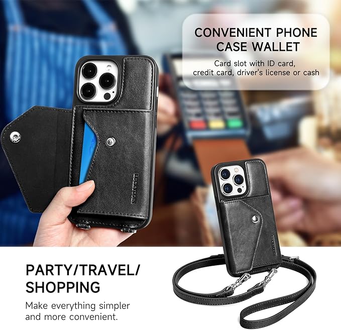 LUCKYCOIN Crossbody Wallet Phone Case for iPhone 14 Pro,100% Genuine Leather Wallet Phone Case with Expandable Flip Card Holder,Phone Purse for Women with Adjustable Removable Strap - Black