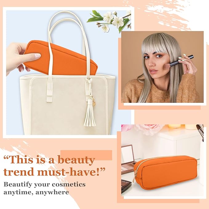 Izuzta Nylon Small Makeup Bag Slim Pouch, Preppy Cute Brush Case, Cosmetic Zipper for Purse, Waterproof Travel Toiletry Clutch Coin Organizer for Women Girls (Orange)