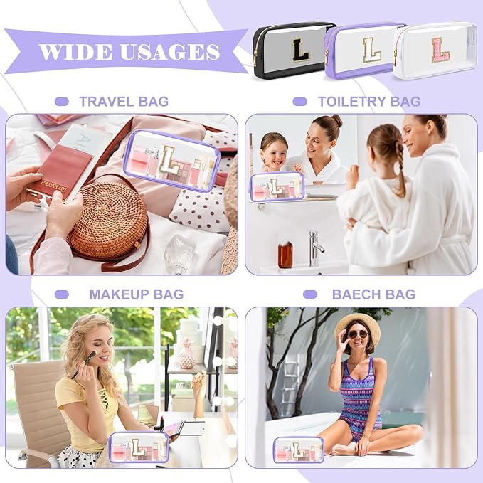 Personalized Initial Letter Clear Makeup Bag,Preppy Small Nylon&PVC Cosmetic Zipper Bag with Chenille Letter,Travel Skincare Toiletry Bag,Monogram Christmas Gift for Teen Girls Women,L