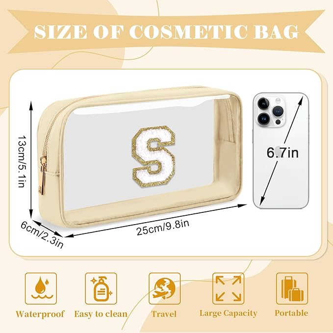 Personalized Initial Letter Clear Makeup Bag,Preppy Small Nylon&PVC Cosmetic Zipper Bag with Chenille Letter,Portable Beach Travel Skincare Toiletry Bag,Trendy Monogram Gift for Teen Girls Women,S