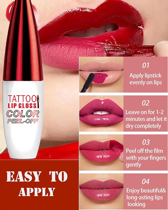 2 Pcs Red Nude Pink Peel Off Lip Stain,Matte Peel Off Lip Gloss Long Lasting Lip Liner Stain Peel Off Lip Tint, Waterproof Lip Liner Stain High Pigmented Lipstick Women's Lip Color Makeup Gift-03+04