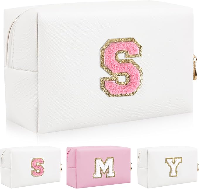 Personalized Initial Letter Patch Makeup Bag, Preppy Portable Chenille Letter Cosmetic Bag with Zipper, PU Leather Waterproof Travel Toiletry Bag Monogram Make Up Pouch for Women Girls(Letter S)