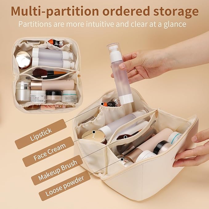 3 Pcs Travel Makeup Bag Portable Large Capacity Cosmetic Bags for Women Open Flat Makeup Case Organizer Bag Set of 3 Waterproof PU Leather Toiletry Bags with Divider and Handle (White, Medium)