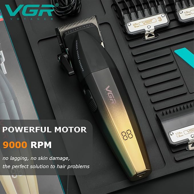 VGR 003 Fresh Fade Hair Clipper, Professional Hair Trimmer, Cord/Cordless Rechargeable Hair Cutting Tools with LED Display, 9000 RPM Barber Clippers, Gold