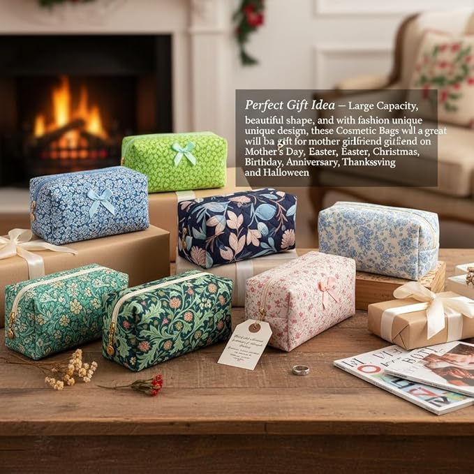 Floral Cotton Makeup Brush Cosmetic Bag for Women, Travel Quilted Zipper Pouch, Large Capacity Flowers Toiletry Organizer, Kawaii Makeup Storage Case, Cosmetic Travel Cloth Bag-Garden Light Blue