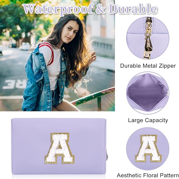 Personalized Initial Letter Patch Makeup Bag, Preppy Small Chenille Cosmetic Bag with Zipper, PU Leather Waterproof Travel Toiletry Bag Monogram Make Up Pouch for Women Girls