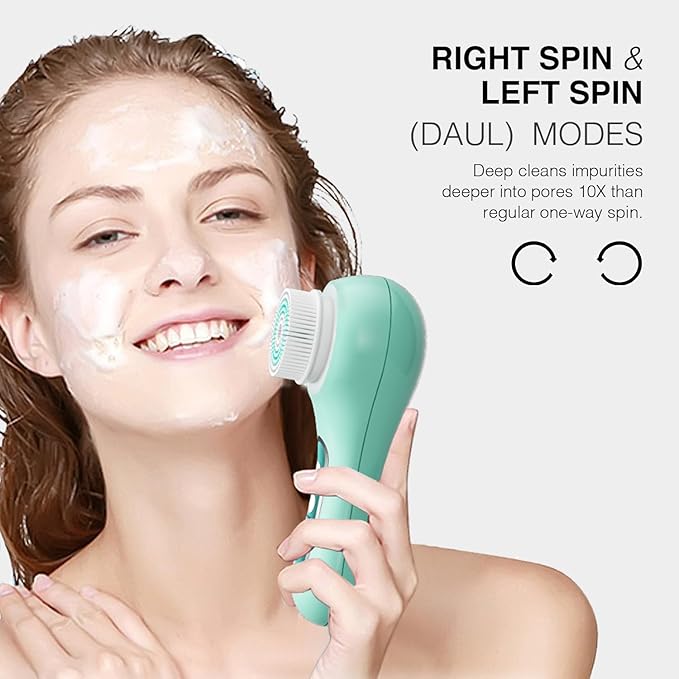 Face Scrubber Exfoliator, Rechargeable Facial Cleansing Brush with 2-Way Rotation & 3 Modes, 30-Day Runtime, 5 Brush Heads for SPA-Level Care, IPX7 Waterproof, Deep Cleaning for All Skin Types