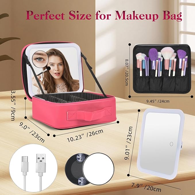 Travel Makeup Bag With LED Mirror,Cosmetic Train Case with 3 Color Setting,Cosmetic Makeup Organizer Bag with Adjustable Dividers,Portable Make up Box with Make up Brushes Holder Storage（Rose）