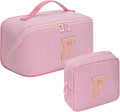 Travel Makeup Bag for Women, 2Pcs Portable Personalized Initial Makeup Organizer Bag, Open Flat Large Cosmetic Bag With Travel Essential Pouch (Pink Letter F)