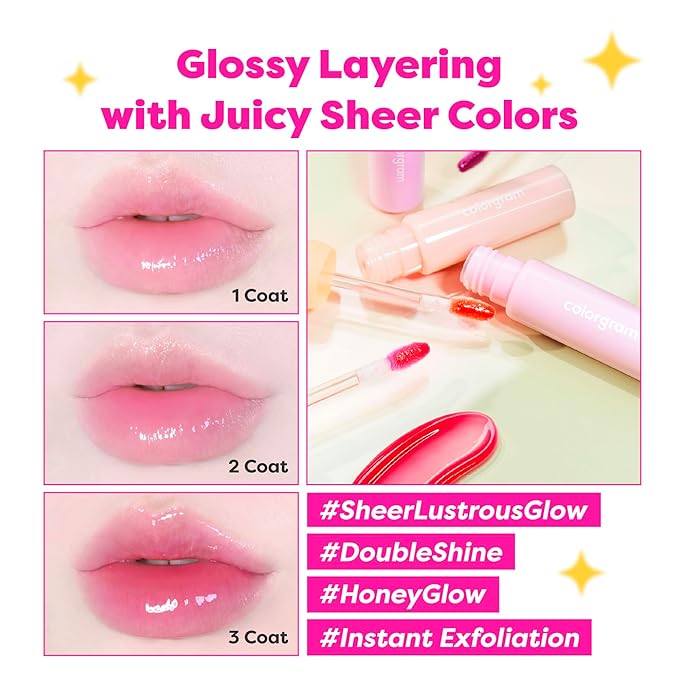 COLORGRAM Fruity Glass Gloss 04 Farewell Guava | Non-Sticky Glossy Lip Tint with Glass-Like Shine | Long-Lasting Hydrating Lip Gloss for Smooth & Plump Lips