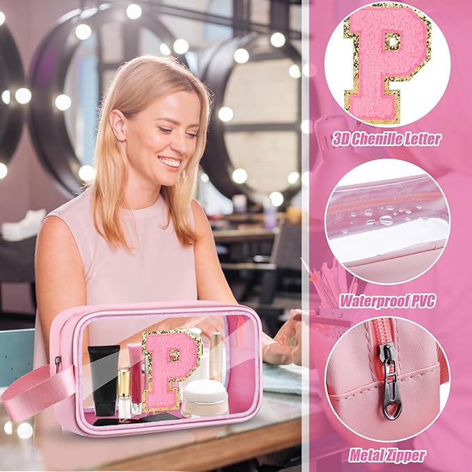 Initial Makeup Bag,Letter P Cute Clear Monogrammed Cosmetic Travel Bag for Womens Girls,Personalized Pink Aesthetic Traveling Make Up Organizer Bag for Beach,Waterproof Toiletry Bag