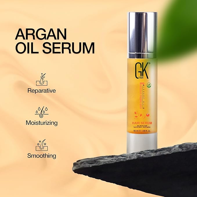 GK HAIR Global Keratin 100% Organic Argan Oil Anti Frizz Hair Serum (1.69 Fl Oz/50ml) Styling Smoothing Strengthening Hydrating & Nourishing Heat Protection Shine Frizz Control Dry Damage Hair Repair