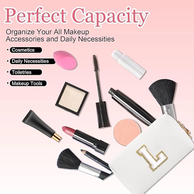 Small Personalized Letter Makeup Bag, Cute PU Leather Chenille Letters Cosmetic Bag Travel Makeup Pouch, Preppy Travel Organizer Zipper Pouch for Women&Girls（White-L）