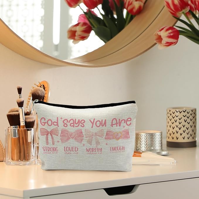 Bow Makeup Bag - God Says You Are Strong, God Gift for Women, Encouragement Gift for Teen Girls, Pink Bows Bible Verse Scripture Christian Makeup Bag Cosmetic Pouch