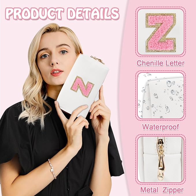 Small Initial Preppy Makeup Bag, Personalized Cute White Cosmetic Organizer Chenille Letter Travel Toiletry Zipper Pouch, Waterproof PU Leather Make Up Case Gifts for Women Girl Female Mom(Letter Z)
