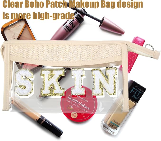 Clear Boho Patch Makeup Bag, Letter BEACH Cosmetic Bag, Transparent Travel Toiletry Bag, Waterproof Snacks Bag, Zipper Sunscreen Bag Gift for Women Girls (Beach)