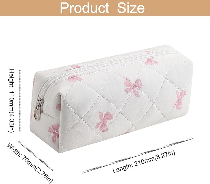 Cute Floral Cotton Makeup Brush Cosmetic Bag for Women, Travel Quilted Zipper Make Up Bag, Flowers Toiletry Organizer Case Kawaii Makeup Cosmetic Travel Cloth Pouch (Pink Bow Tie)