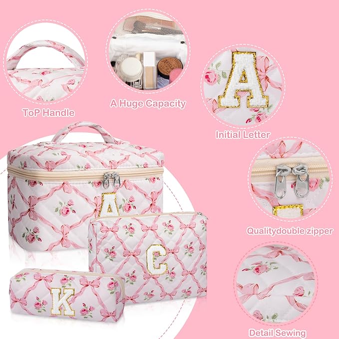 Personalized Initial Makeup Bag Set, Quilted Makeup Bag, Large Floral Cosmetic Bag for Women, Cute Cotton Custom Make up Bags, Flower Travel Toiletry Bag Teen Girl Gift Trendy Stuff Gift K