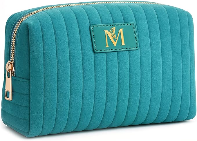 Monogrammed Make Up Bags for Women,Personalized Cosmetic Bags Women,Small Quilted Makeup Pouch,Cute Makeup Bag Travel,Birthday Gifts for Teen Girl (Blue M)