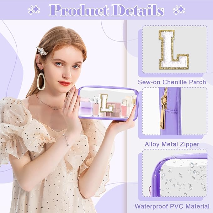 Personalized Initial Letter Clear Makeup Bag,Preppy Small Nylon&PVC Cosmetic Zipper Bag with Chenille Letter,Travel Skincare Toiletry Bag,Monogram Christmas Gift for Teen Girls Women,L