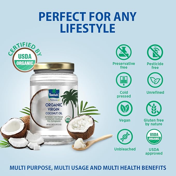 Parachute Naturalz Organic Virgin Coconut Oil | Cooking, Hair, Body Oil & Pulling | Cold Pressed | Unrefined | Unbleached | MCT Oil | USDA Certified | 6.7 fl.oz | Pack of 2 | Glass Jar