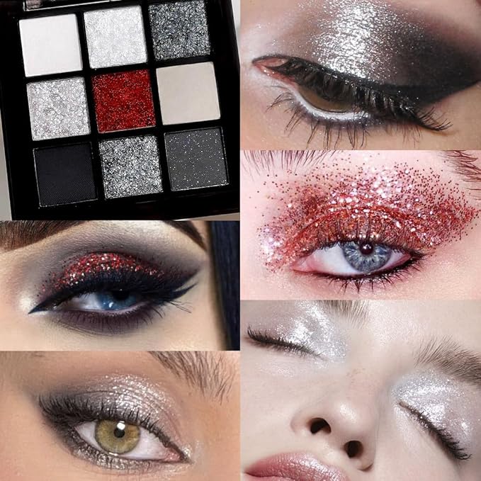 Smokey Black Red Eyeshadow Palette,9 Colors Dark Shimmer Matte Metallic Makeup Pallet,Make Up Kit for Halloween Parties Christmas Joker Vampire Clown,Long Lasting Waterproof