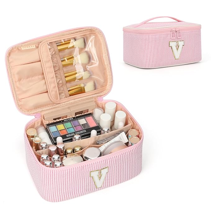 OCHEAL Makeup Bag for Women, Monogram Cosmetic Bag with Brush Holder, Pink Travel Makeup Case Beauty Toiletry Bag Organizer Personalized Gifts for Girls Bridesmaid, Sister, Wife, Friends Initial V