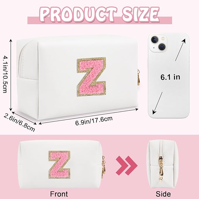 Small Initial Preppy Makeup Bag, Personalized Cute White Cosmetic Organizer Chenille Letter Travel Toiletry Zipper Pouch, Waterproof PU Leather Make Up Case Gifts for Women Girl Female Mom(Letter Z)