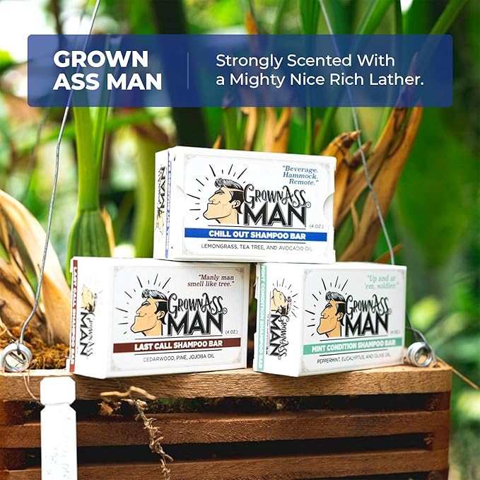Grown Ass Man Co. - Solid Shampoo Bar Rich Lather 3 in 1: Hair, Beard & Body Wash - Plastic Free & Eco-Friendly, Natural & Organic Clean for All Hair Types, 4oz Bar (Chill Out, 3-Pack)