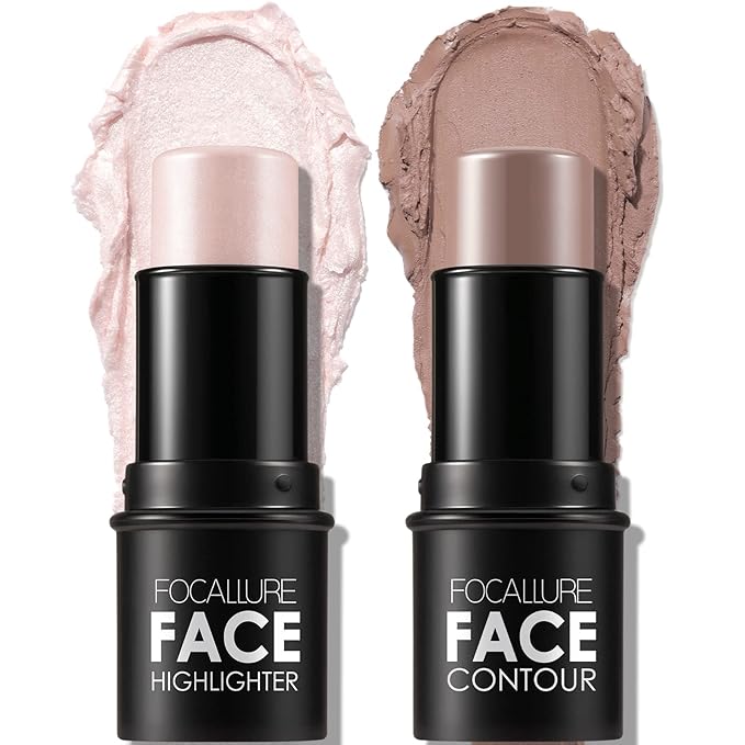 FOCALLURE 2 Pcs Mineral Cream Contour Stick,Moisturize Highlighter and Bronzer Pen,Non Stick Face Brightens & Shades Pencil,Long Lasting & Smooth Gliding Face Illuminator Makeup,Fair-light