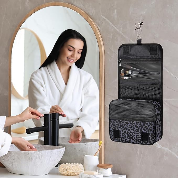 Travel Toiletry Bag for Women & Men Galaxy Leopard Skin Purple Hanging Cosmetic Organizer Portable Waterproof Makeup Case Make Up Bag with Compartments Travel Essentials for Bathroom Shower