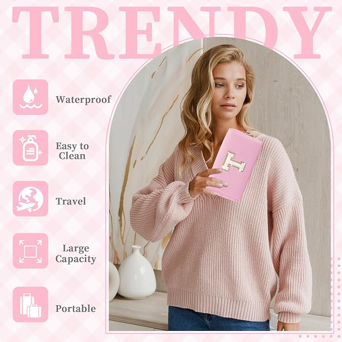 Small Personalized Initial A-Z Patch Makeup Bag,Pink Cute PU Leather Glitter Letter Cosmetic Bag for Teen Girls,Travel Toiletry Bag with Zipper,Preppy Monogrammed Birthday Gift for Daughter Niece T