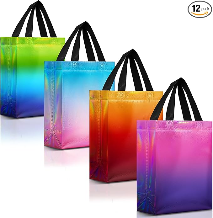 Nush Nush Set of 12 Gradient Medium Gift Bags - 4 Stunning and Shiny Reusable Gift Bags With Handles - Ideal Goodie Bag for Birthday Party, Wedding Party Favors, Christmas, Thanksgiving - 8x4x10
