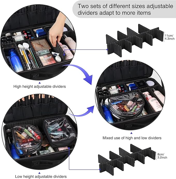 Relavel Extra Large Makeup Case and Makeup Brush Holder Bag, Professional Makeup Organizer, Large Capacity with Adjustable Dividers and Shoulder Strap (Black)