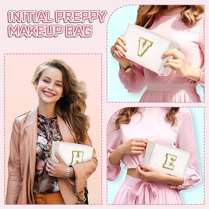 TOPEAST Preppy Stuff for Girls, Initial Makeup Bag Chenille Letter Pouch Cosmetic Bag with Zipper, PU Leather Waterproof Toiletry Bag, Cute Stuff Birthday Gift for Friends Sister (White T)