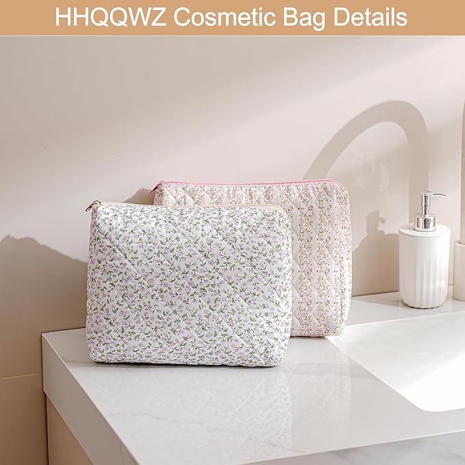Makeup Bag Travel Cosmetic Bag for Women Girls, Zipper Make Up Pouch, Floral Flowers Toiletry Organizer Makeup, Portable Storage Cosmetic Travel Cloth Bag (L/Pink Bowknot)