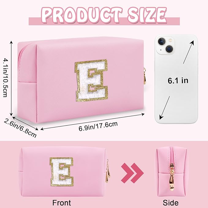 Personalized Chenille Letter Preppy Patch Makeup Bag, Small Pink Travel Cosmetic Bag Initial Toiletry Zipper Pouch Monogram Makeup Storage, Waterproof Makeup Case Travel Essentials for Women(Letter E)