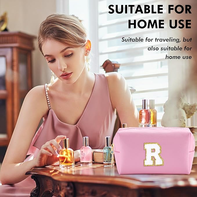 Initial Makeup Bag for Women Travel Small Cosmetic Bag Personalized Preppy Chenille Letter Waterproof Pink Makeup Pouch for Purse Monogram Toiletry Bag with Zipper PU Leather Makeup Case（R）
