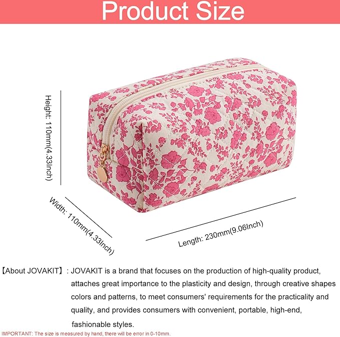 JOVAKIT Square Makeup Bag Cute Cosmetic Bag for Women, Floral Coquette Aesthetic Toiletry Bag, Zipper Make Up Pouch, Travel Make Up Organizer Bag (Bright Red Floral)