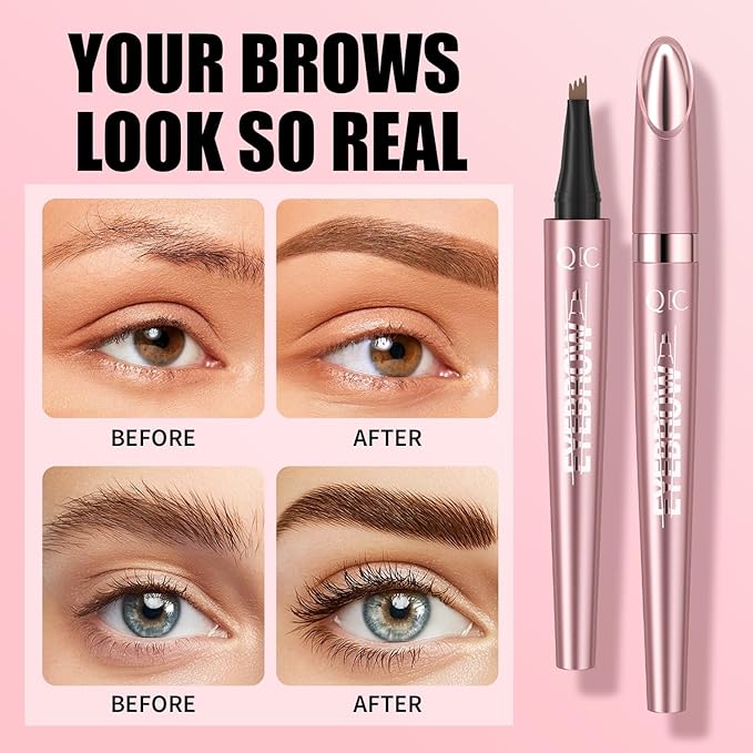 QIC Microblading Eyebrow Pen,Eyebrow Pencils for Women with 4-Fork-Tip, Waterproof Eye Brow Pencil Natural Hair-Like And Long-Lasting (Light Brown)