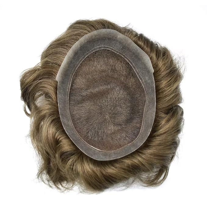 FACE MIRACLE Mens Toupee Lace Front Hairpieces Soft Human Hair Replacement System Natural Hairline Toupee for Men French Lace Poly V-Looped Mens hair Units 6"X8" 6# LIGHT BROWN