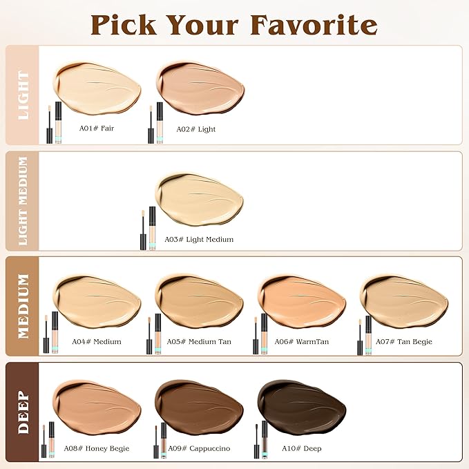 Full Coverage Liquid Concealer, Foundation Makeup for Older Women, Covers Blemishes & Under-Eye Circles, Spots, Matte Finish, Hydrating Primer for Correct, 0.06 fl oz, Vegan & Cruelty-Free (A01#Fair)