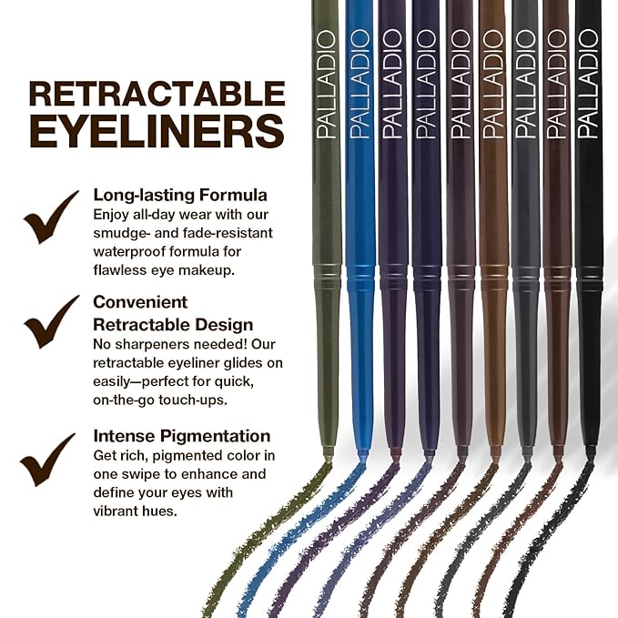Palladio Retractable Waterproof Eyeliner, Richly Pigmented Color and Creamy, Slip Twist Up Pencil Eye Liner, Smudge Proof Long Lasting Application, All Day Wear, No Sharpener Required, Brownie