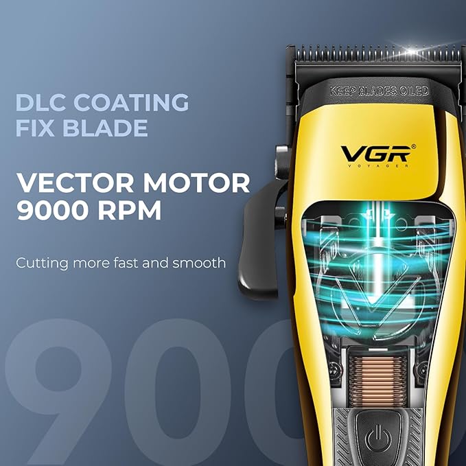 VGR 015 Professional Cordless Hair Clippers for Men, 9000 RPM Vector Motor Hair Trimmer DLC-Blade Barber Clipper for Hair Cutting with Metal Body, 1 Modular Lid in Black, Travel Case