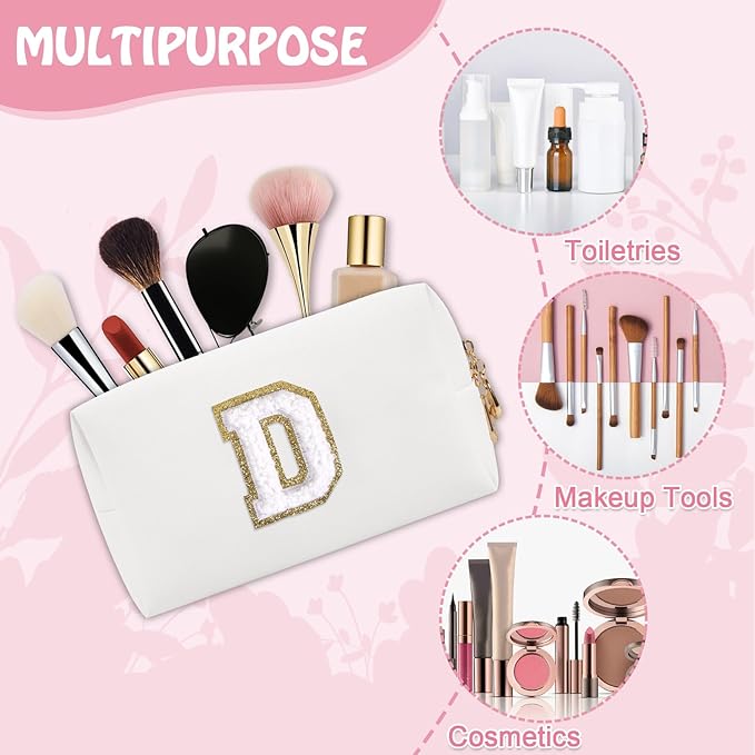 Personalized Chenille Letter Preppy Makeup Bag, Mini Cute White Travel Cosmetic Bag Initial Toiletry Zipper Pouch Monogram Makeup Bag, Waterproof Makeup Case Travel Essentials for Women Girl(Letter D)