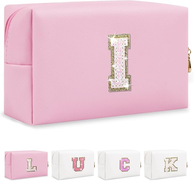 Initial Letter Patch Makeup Bag, Small Preppy A-Z Glitter Letter Cosmetic Bag, PU Leather Waterproof Travel Toiletry Bag, Cute Make Up Pouch Personalized Monogrammed Gift for Women Teen Girls