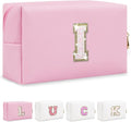 Initial Letter Patch Makeup Bag, Small Preppy A-Z Glitter Letter Cosmetic Bag, PU Leather Waterproof Travel Toiletry Bag, Cute Make Up Pouch Personalized Monogrammed Gift for Women Teen Girls