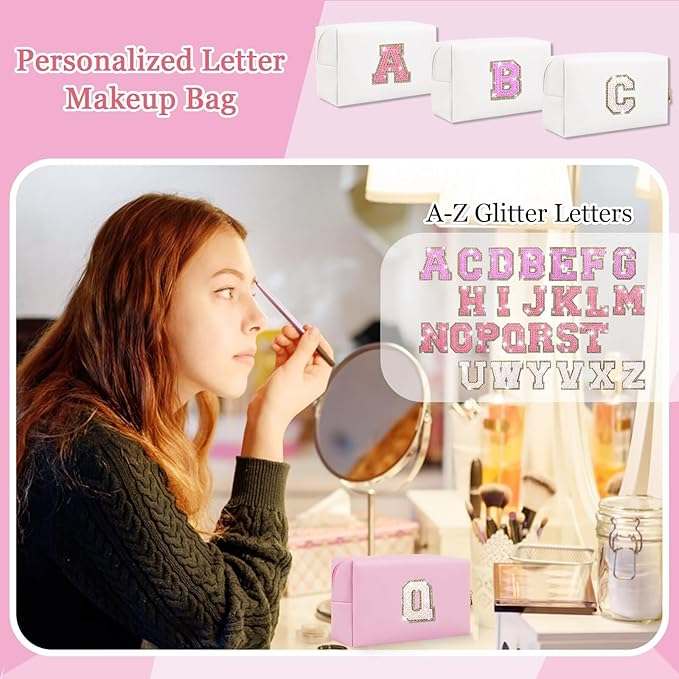 Small Personalized Glitter Initial Letter Makeup Bag, Cute PU Leather Chenille Letters Cosmetic Bag Travel Makeup Pouch, Preppy Travel Organizer Zipper Pouch for Women&Girls（Pink-Q）